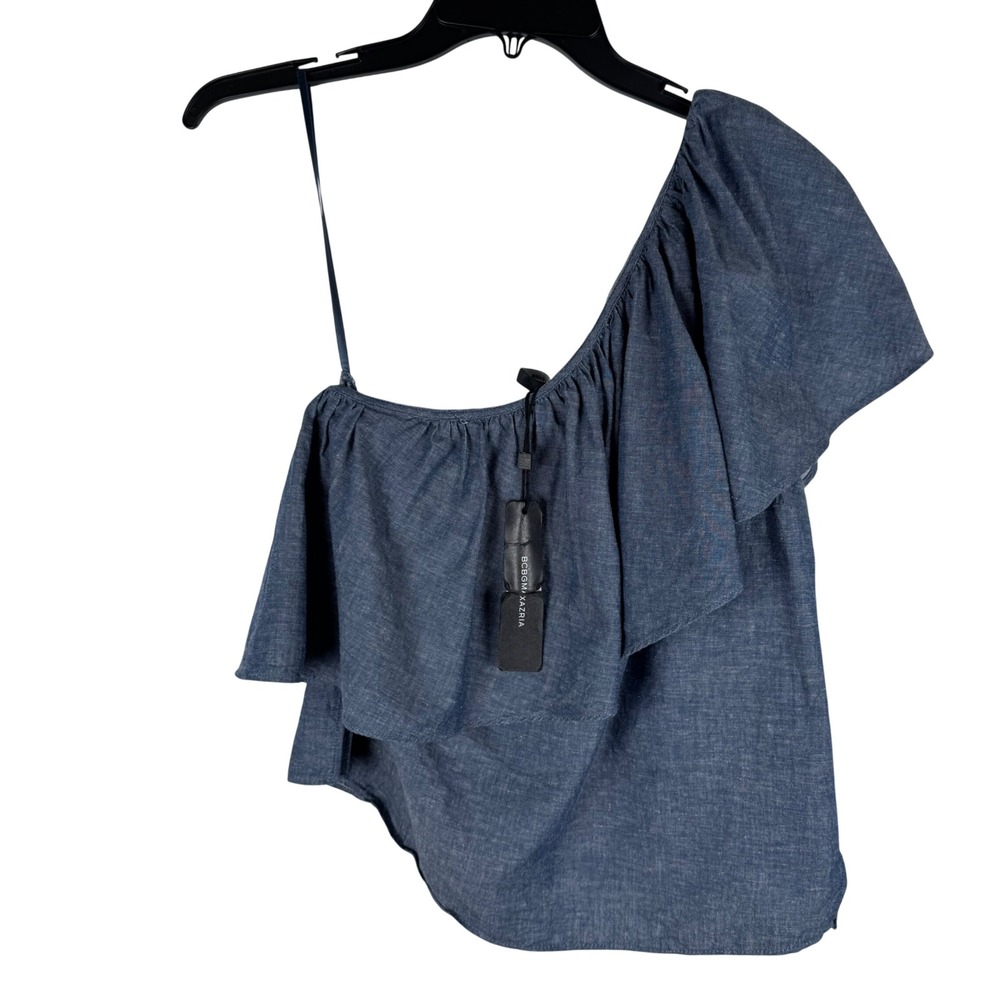 BCBGMAXAZRIA One Shoulder Ruffle Chambray Cotton Linen Top Womens S Blue NWT‎